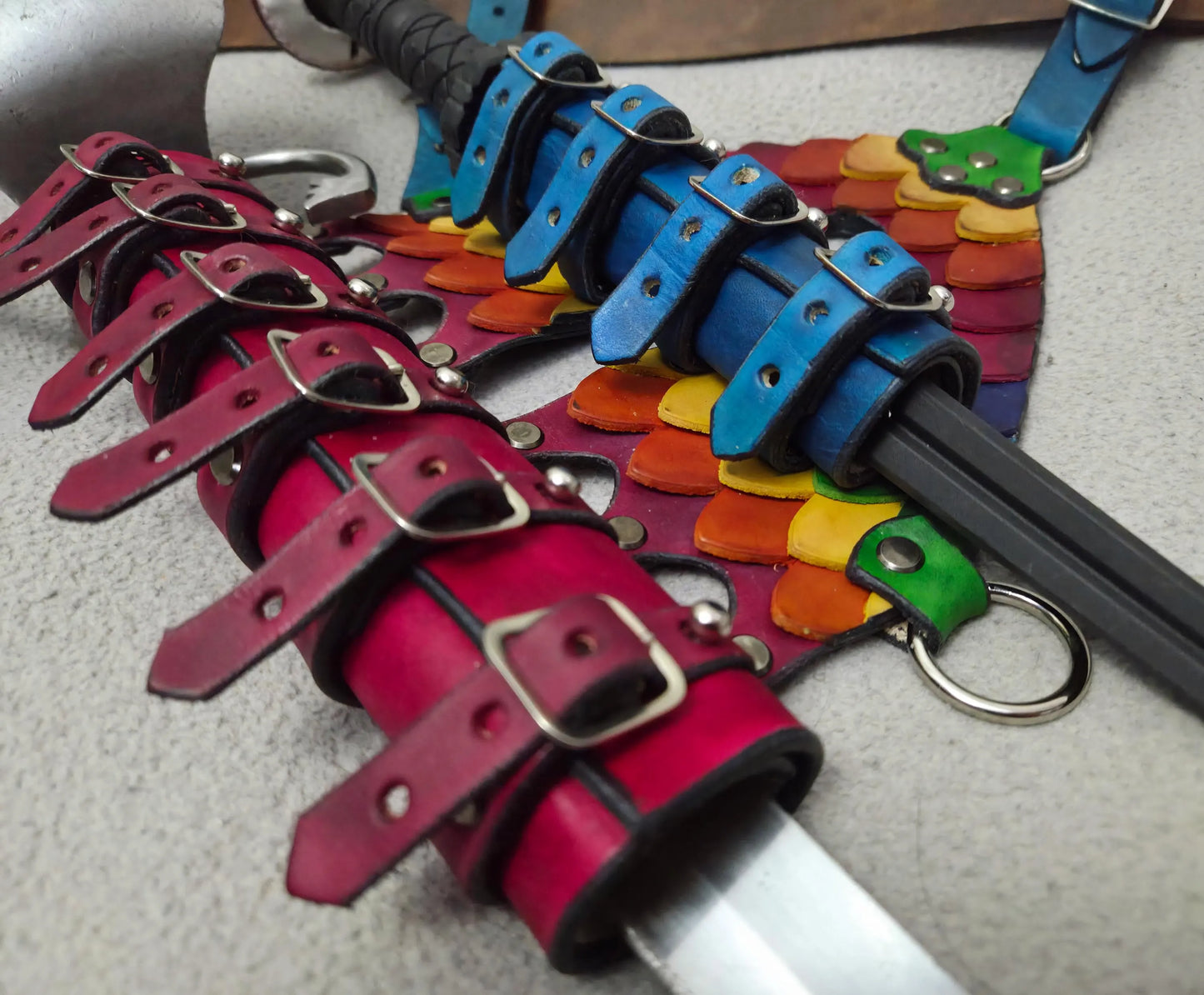 Sword sheath with rainbow scales and nickle plated buckles