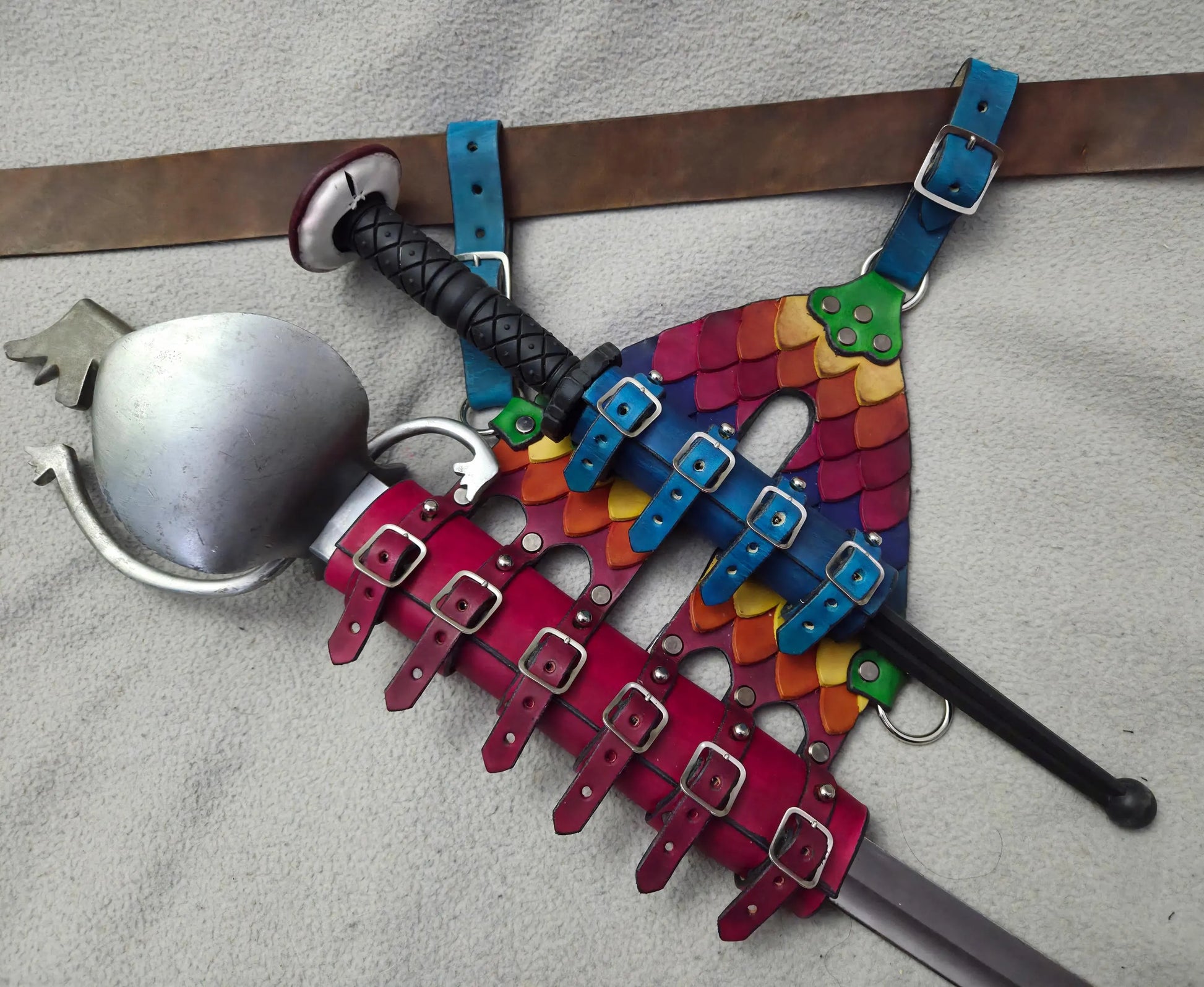 Sword sheath with rainbow scales and nickle plated buckles